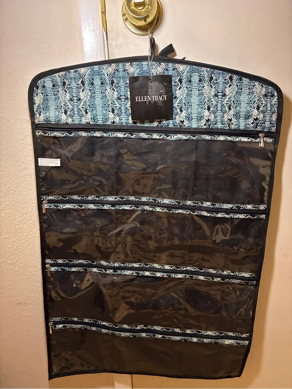 Ellen Tracy Hanging Jewelry Organizer Blue And Black Cotton/ Clear Plastic